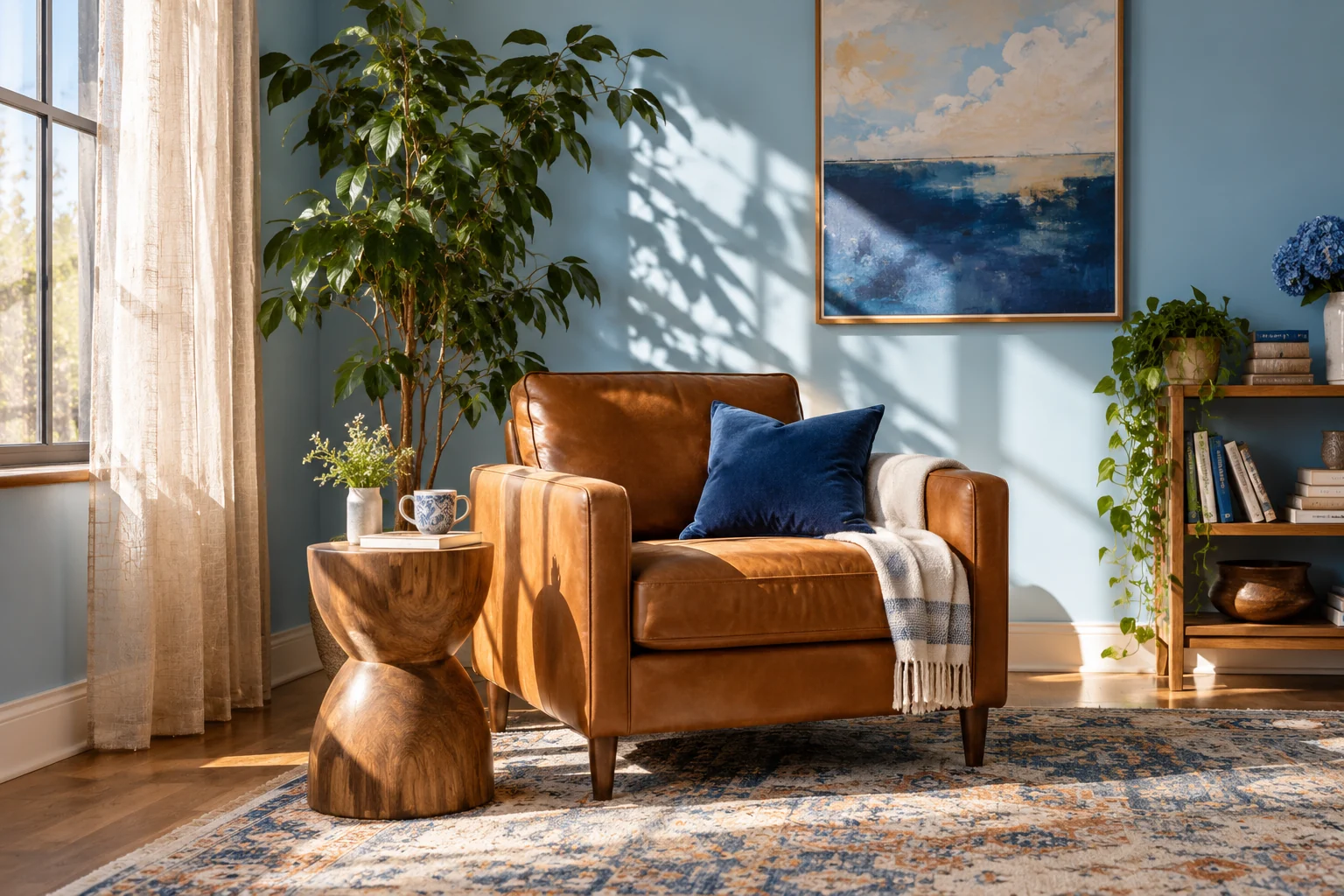 Sunlight falling across a welcoming therapy studio with a leather armchair and a blue wall